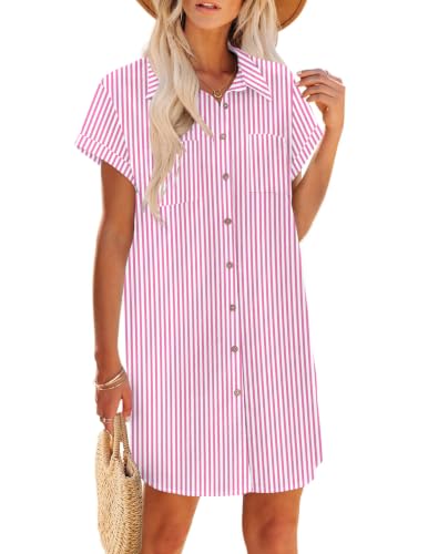 Image of Zeagoo Summer Dresses for Women 2026 Cotton Button Down Short Sleeve Tshirt Dresses Casual Mini Beach Dress