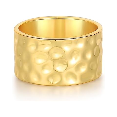 RLMOON 18K Gold or Silver Plated Wide Band Rings 12MM Thumb Ring for Women Men Thick Simple Plain Band Ring High Polished Comfort Fit Size 6-11 (Gold Hammered Ring, 9) Cover