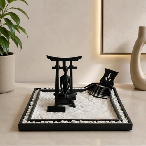 Image of Desktop Zen Garden Set, Japanese Style Meditation Sand Garden in Black PLA with mini Torii Gate and Rake, Table Decor