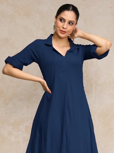 Image of Varanga Women Beige A -line Calf Length Dress Featuring Classic Shirt Collar and Short Sleeves which offering Comfort and Ease