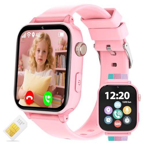 4G Kids Smart Watch - Smartwatch for Kids with SIM Card , GPS Tracker, Video Calling & Voice Chat, One-Key SOS, Alarm Clock, HD Camera, Class Mode, Pedometer, Phone Watch for 4-12 Children (Pink)