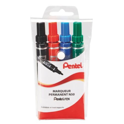 Pentel Pen N50 Pochette de 4 Marqueurs permanents pointe conique moyenne, Noir, Rouge, Bleu, Vert