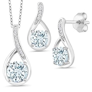 Gem Stone King 925 Sterling Silver Sky Blue Aquamarine and Diamond Pendant and Earrings Jewelry Set For Women (1.69 Cttw, Round Gemstone Birthstone, with 18 Inch Silver Chain)