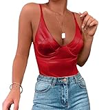 Velius Women's Sexy Deep V Neck Shiny Thong Bodysuit Tank Tops with Underwire (Red,Large)