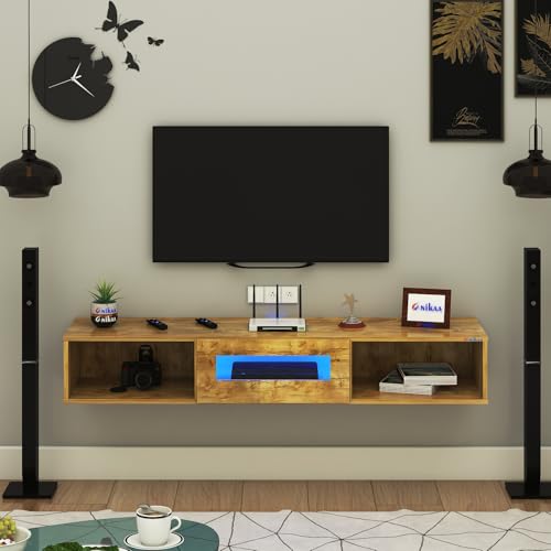 Image of Anikaa Novus Wall Mount Modern Floating TV Unit for Living Room with Open Shelf Storage Cabinet & Middle Cabinet Blue LED Light (Ideal for 32 to 65 inch TV, DIY Installation, Gaintwood Finish)
