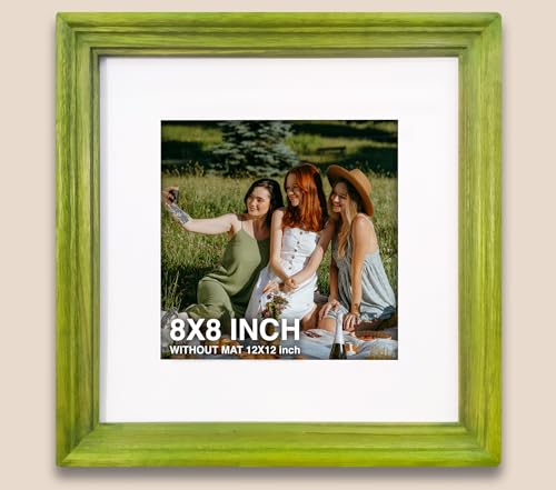 Image of 8 x 8 inch Wooden Photo Frame with Mat, Green Photo Frame 8 x 8 inch with Mat or 12 x 12 inch without Mat for Wall Decoration, Gallery Walls, Best Wooden Photo Frames for Posters and Photos