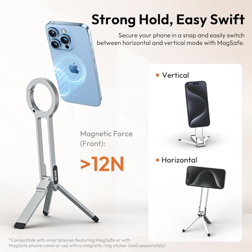 Image of ULANZI MA30 Magnetic Mobile Phone Tripod, Mini Foldable Aluminum Tripod, Double-Sided Magnet, Quick Mount, Compatible with iPhone 16, 15, 14, 13, 12 Magsafe, Silver