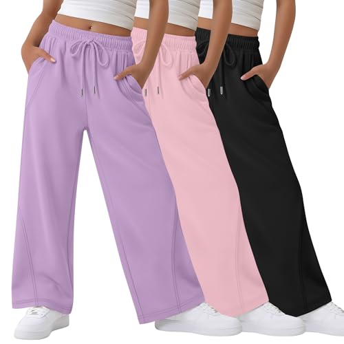 LessonZoo 3 Pack Teen Girls Wide Leg Sweatpants Baggy Drawstring Causal Pants Open Bottom Joggers with Pockets 5-14Y(Light Purple Light Pink Black 13-14 Years)