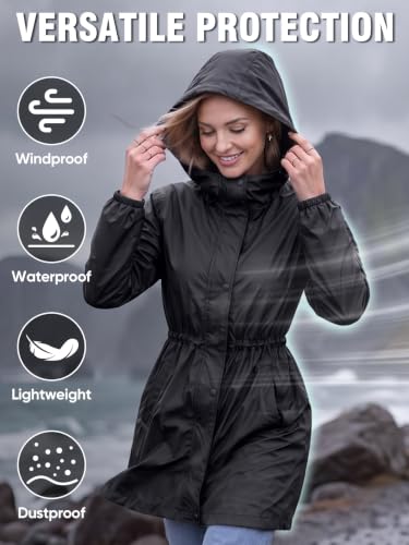 APEXUP Long Rain Jacket Women, Hooded Rain Coats Mesh Lined Windbreaker | Breathable Mesh Lining, Two-Way Zipper, Adjustable Waist, Water-Resistant Trench Coat, Outdoor Raincoat for Travel Daily Wear - image 5