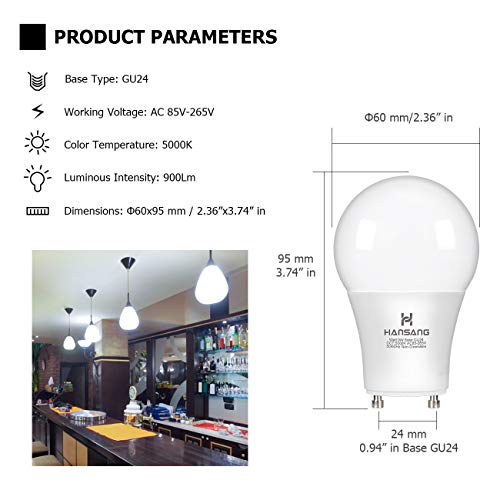 A19 LED Bulb Hansang Gu24 Light Bulb Base,9W (100W Equivalent),900 Lumens,5000K Daylight,220 Degree Beam Angle,Gu24 Twist Base,for CFL Upgrade,Non-Dimmable 4 Pack