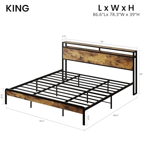 Image of LIKIMIO King Size Bed Frame with 2-Tier Storage Shelf Headboard | Dark Wood Platform Bed, Camas King with Strong Metal Supports, Sturdy, Noise-Free, No Box Spring Needed, Brown
