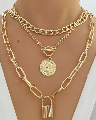 3 Pcs Chunky Gold Layered Necklaces Stackable Multilayer Link Chain Collar Punk Style Paperclip Chain Toggle Clasp Choker Gold Coin Lock Pendant Necklace Trendy Jewelry Gifts2