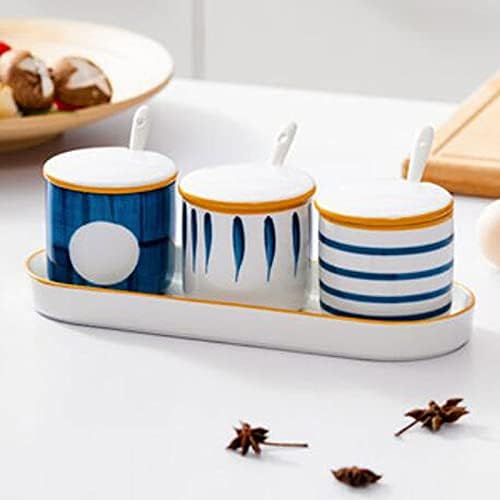 Spice boxs Ceramic Condiment Jar Spice Container, with Lid and Porcelain Spoon,.(Set of 3) Can for Storage Home,Kitchen,Counter