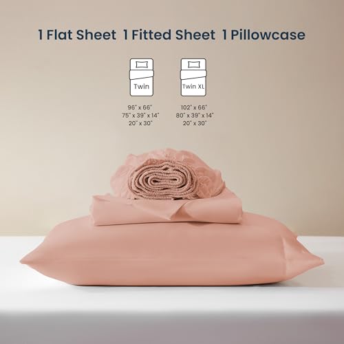 SLEEP ZONE Nanotex Super Soft Cooling Twin Bed Sheets Set for Kids 3 Piece - Easy Care Fitted Flat Sheet & Pillowcase Sets - Wrinkle Free, Fade Resistant, Deep Pocket 16" (Dull Pink, Twin)
