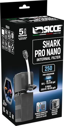 Sicce Shark Pro Nano 250 Internal 65 GPH Aquarium Power Filter up to 13 Gallon Aquariums | Quiet Spray Bar Mini Fish Turtle Pond Tank