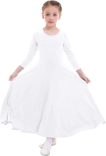 ZX Vestido de baile de alabanza de manga larga para niñas, largo completo, con columpio, lírico, disfraz litúrgico, para culto