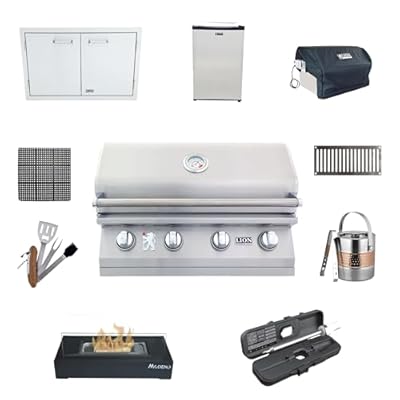 Lion Premium Grills | BBQ Gas Grill Bundle | 32 Inch Grill Package 4 (Natural Gas), Double Access Doors, 4.5 Cubic Refrigerator, Vent Enclosure, Rubber Mat, Ice Bucket, Grilling tools and More