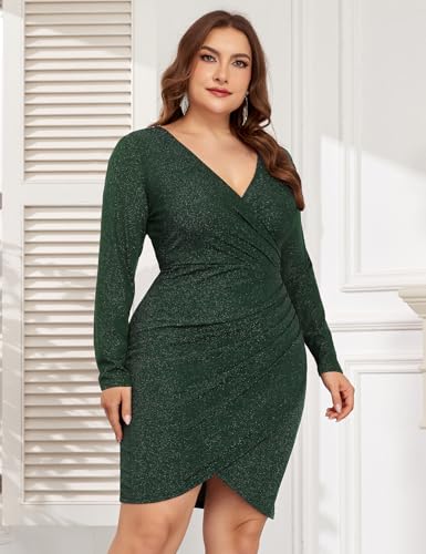 Image of ZOMVA Plus Size 0X-4X Sparkly Glitter Ruched Bodycon Mini Dress Sparkle Sequin Wrap Ruffle Sleeve Dress Cocktail Party Formal