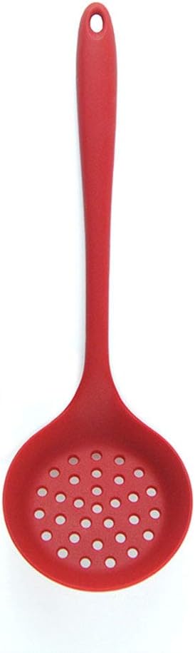 Silicone Slotted Skimmer Spatula, Lightweight Strainer Spoon with Long Handle, Soft and Non Stick, Easy to Clean for Straining Vegetables and Drips (Red)