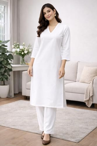 Image of JAIPUR HAND BLOCK Women's Cotton plain Straight Salwar Suit | V-Neck | 3 /4th Sleeve | Regular Fit | Daily, Office & Ethnic Wear(ST00125-V-NEW)
