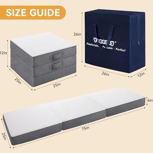 Foldable Mattress with Washable Cover, Trifold Mattress for Floor Travel with Carry Bag, Medium Firm, Soft, Portable for Overnight Guests and Camping, (75”x25”x4” Single) - Thumbnail 2