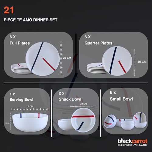 Image of BlackCarrot 21-Piece Ceramic Dinner Set | Porcelain Crockery Set for Dining Table | Glossy White Finish, Spanish Design | Microwave & Dishwasher Safe, Premium Ceramic Dinnerware