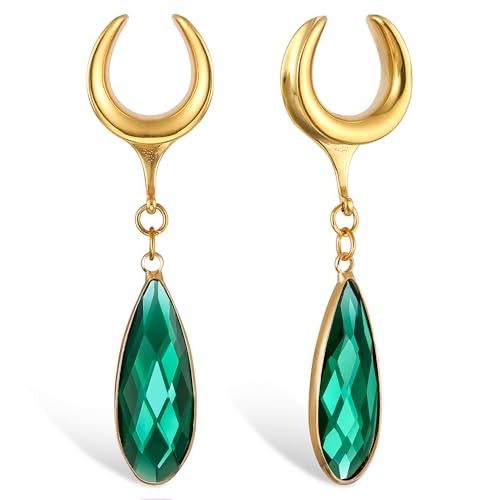 1 Pair Saddle Gauges Earring with Green Crystal Stone Ear Dangle ...