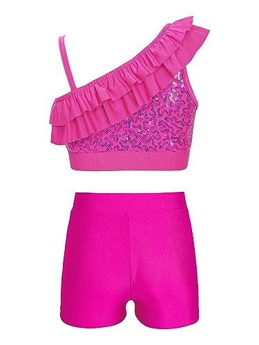 JEATHA Kids Girls Dance Outfits 2-Piece Sequins Crop Top with Athletic Shorts Gymnastics Active Set Dancewear2