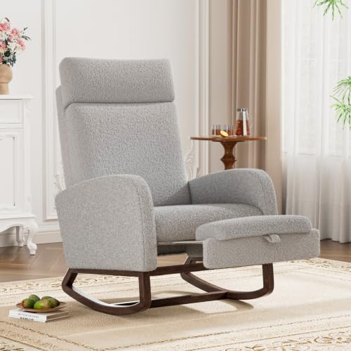 Image of Teddy Nursery Rocking Chair, High Back Glider with Footrest, Gray | Teddy Rocking Chair Nursery with Footrest Storage Pocket Upholstered Accent Arm Chair for Living Room Bedroom Indoor