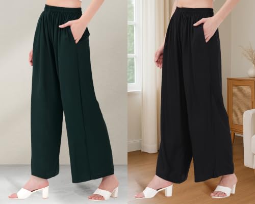 Image of Buy That Trendz Palazzo Pants for Women Rayon Elasticated Regular Fit Flared Wide Leg M to 6XL Pack of 2