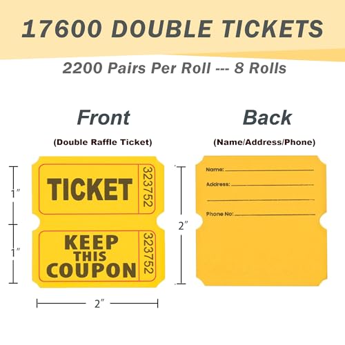 Homrelaxy 17600 Double Raffle Tickets, 2200 Tickets Per Roll, Assorted 50/50 Raffle Tickets Roll for Events, Entry, Carnivals, and Door Prizes(Blue/Red/Green/Yellow/Orange/Purple/White/Pink)