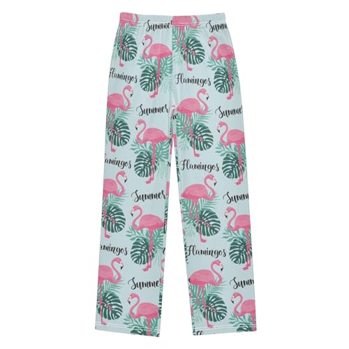 Summer Flamingo Palm Leaves Boys Long Pants Soft Trousers Elastic Waist Kids Lounge Bottoms with Pockets S-XL