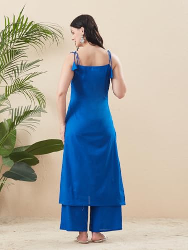 Image of MOKOSH Women's Cotton Embroidery Kurti with Palazzo | Kurta Set | Mirror Work | Round Neck Sleeveless | 2 Piece Outfit | Indian Kurta Outfit With Palazzo Pants