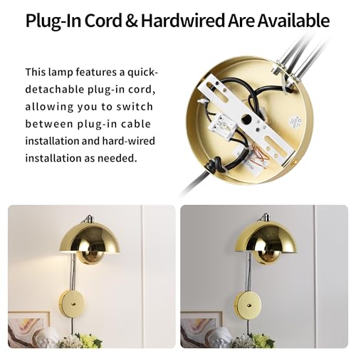 Image of COSYLUX Mid-Century Modern Bud Plug in Wall Sconces for Bedroom, Gold | Indirect lighting reading wall lamp, all-metal construction, plug-in or hardwired install, fits bedroom bedside, living room