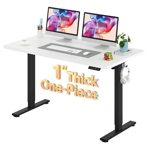 Image of SANODESK Electric Standing Desk 55 x 28 Inches Whole-Piece Desktop Height Adjustable Stand Up Desk w /6-Button Controller Ergonomic Computer Desk for Home Office, Black Frame + White Tabletop