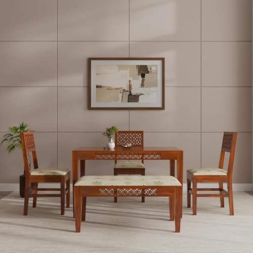 Image of THE WOODEN CITY Solid Sheesham Wood 3 Chair with 1 Bench Dining Table Set with Cushioned Chairs for Dining Room | Living Room | Home & Office - Honey Finish