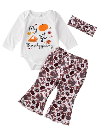 Image of Cemion My First Thanksgiving Baby Girl Outfit Newborn Cotton Romper Bell Bottoms Flare Pants Set Infant Outfits