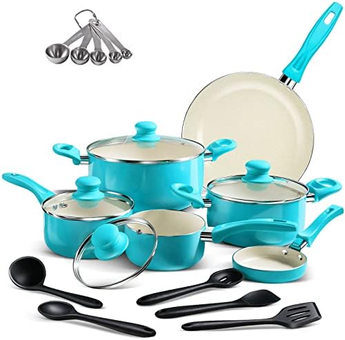 MASTERTOP 16 Piece Non-Stick Cookware Set, Induction Pot and Pan Sets with Glass Lids and Stay Cool Grip, Including 2 Frying Pans, 2 Stock Pots and 2 Milk Pans and 10 Kitchen Utensils