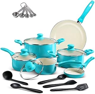 MASTERTOP 16 Piece Non-Stick Cookware Set, Induction Pot and Pan Sets with Glass Lids and Stay Cool Grip, Including 2 Frying Pans, 2 Stock Pots and 2 Milk Pans and 10 Kitchen Utensils