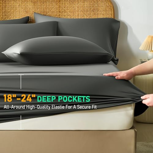 Image of 100% Viscose Derived from Bamboo Sheets, Soft & Cooling Viscose from Bamboo Sheets for Hot Sleepers, Ultra - deep Pockets Fit 18 inch-24 inch Mattresses(Gray)