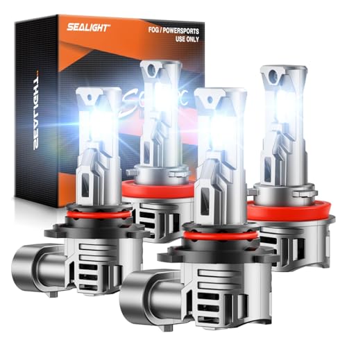 SEALIGHT 9005/HB3 H11 Fog Light Bulbs 80000LM 6500K Cool White 1:1 Mini Size 9005 H11 Bulb with 13000RPM Cooling Fan 3 Mins Plug-N-Play IP67 Waterproof Non-polarity Pack of 4