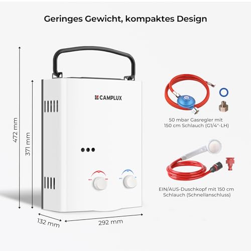 CAMPLUX AY132-DE 5 Liter Tankless Gasdurchlauferhitzer 50mbar, LPG Durchlauferhitzer mit Tragbarer Griff, 10...