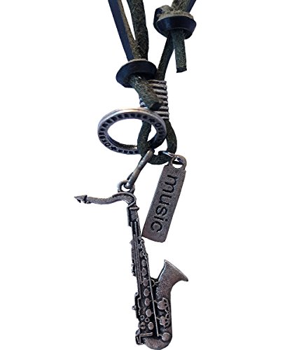 Ebsem Music Musical Instruments Necklace, Genuine Leather Cord Surfer Jewelry for Men & Women (Saxophone)