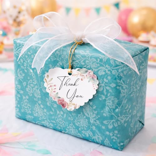 Image of CVANU Heart Shaped Thank You Tags 200-Pcs with Golden String, Floral Design Gift Tags for Wedding Favors| Birthday Party| Small Business Packaging (2.16x2.36 inch) D3