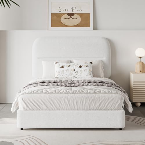 HOMBCK Twin Bed Frames Boucle Upholstered Platform Bed Frame Twin Size with Headboard for Kids/Thickened Footboard/Rounded Corners/No Box Spring Needed/Easy Assembly, White