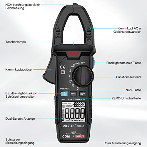 Miniatura 9 de Pinza Amperimetrica Multimetro Mestek Polimetro Digital Profesional Clamp Meter Ac Dc Corriente Voltaje Ca Cc T-Rms Amperímetro Autorango Resistencia Frecuencia Temperatura Bateria Ncv Vfc 6000cuentas
