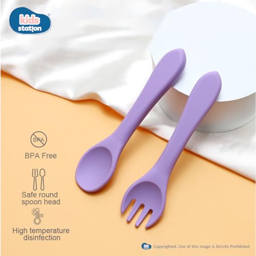 Image of Kids Station Easy to Carry Silicone Baby Feeding Set - Bowl - Spoon - Make Mealtime Fun and Easy - Tableware Meal Utensils for Kids with Suction - Baby Feeding Product (Spork (Set of 2), Purple)