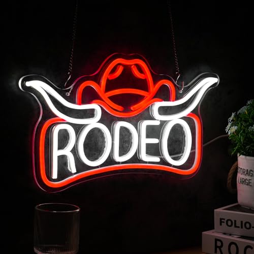 Image of Rodeo Neon Sign, Cowboy Cowgirl Hat Longhorn Led Light, Western Neon Light, Bull Horn Led Sign, Country Living Room Wall Decor, For Adult Boy Bedroom Bar Hotel Party Birthday (16.7 x 9.4 in)