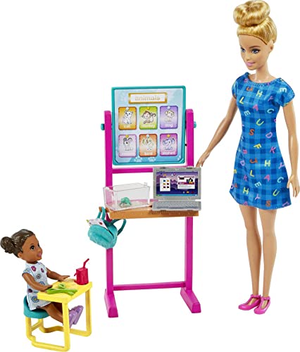 Barbie Teacher Doll (Blonde),Toddler Doll (Brunette), Flip Board, Laptop, Backpack, Toddler Desk, Pet Turtle, Great Gift for Ages 3 Years Old & Up