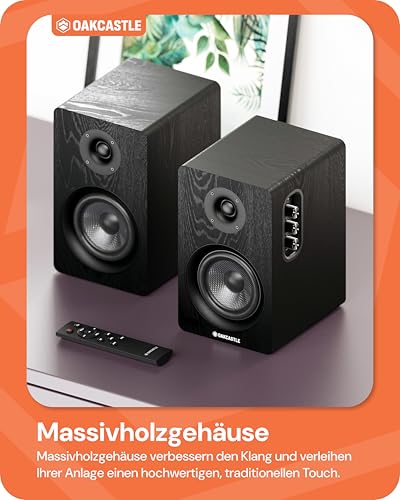 Oakcastle BK100 Lautsprecher Boxen Bluetooth 5.4 | 60W 2.0 Regallautsprecher | HiFi Lautsprecher für Fernseher mit HMDI ARC | Desktop PC-Lautsprecher für Gaming mit Inklusive Fernbedienung (Schwarz)